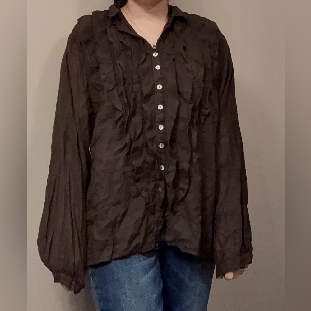Women's Black Ruffled Button Down